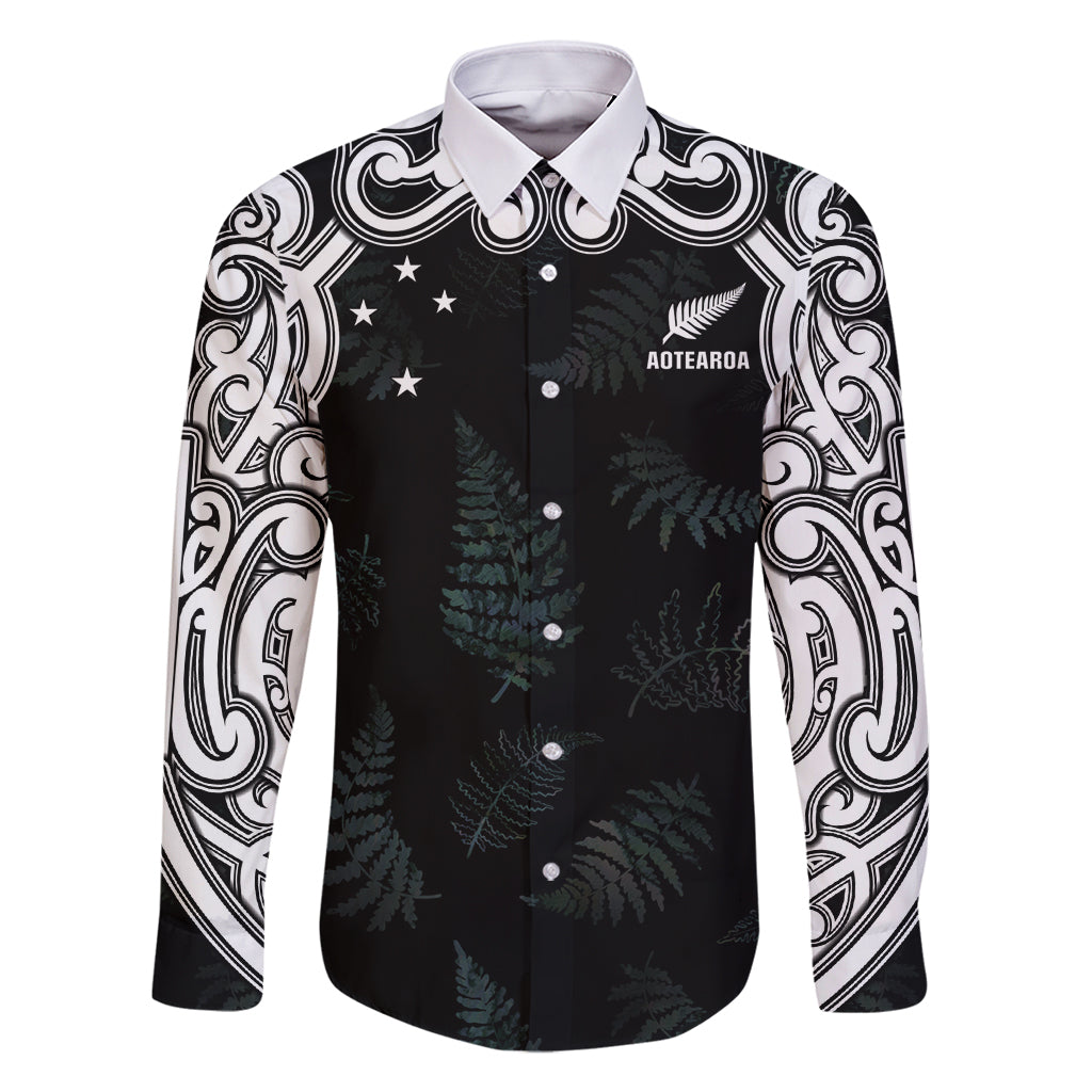 Custom New Zealand Fern Women Rugby Family Matching Mermaid Dress and Hawaiian Shirt Maori Pattern LT05 Dad's Shirt - Long Sleeve Black - Polynesian Pride