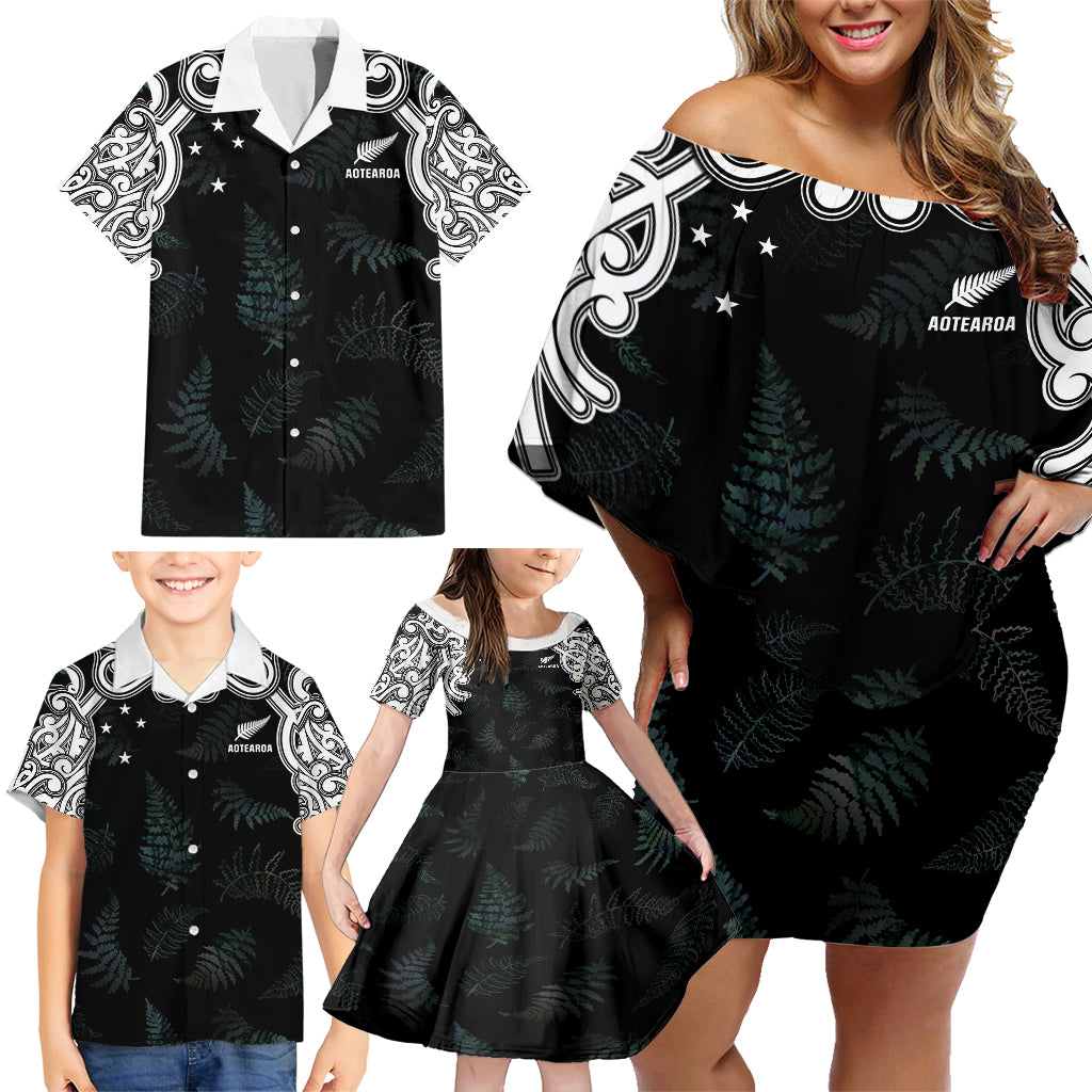 Custom New Zealand Fern Women Rugby Family Matching Off Shoulder Short Dress and Hawaiian Shirt Maori Pattern