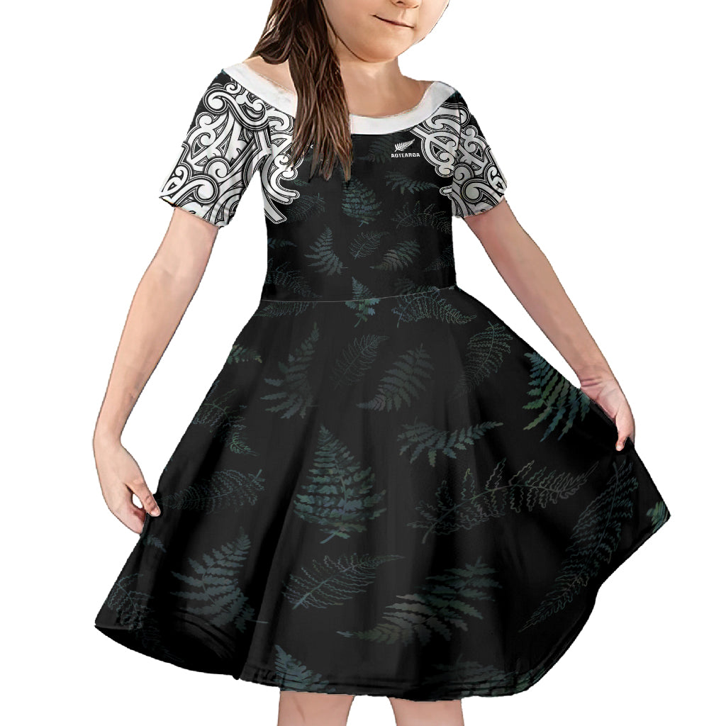 Custom New Zealand Fern Women Rugby Family Matching Tank Maxi Dress and Hawaiian Shirt Maori Pattern LT05 Daughter's Dress Black - Polynesian Pride