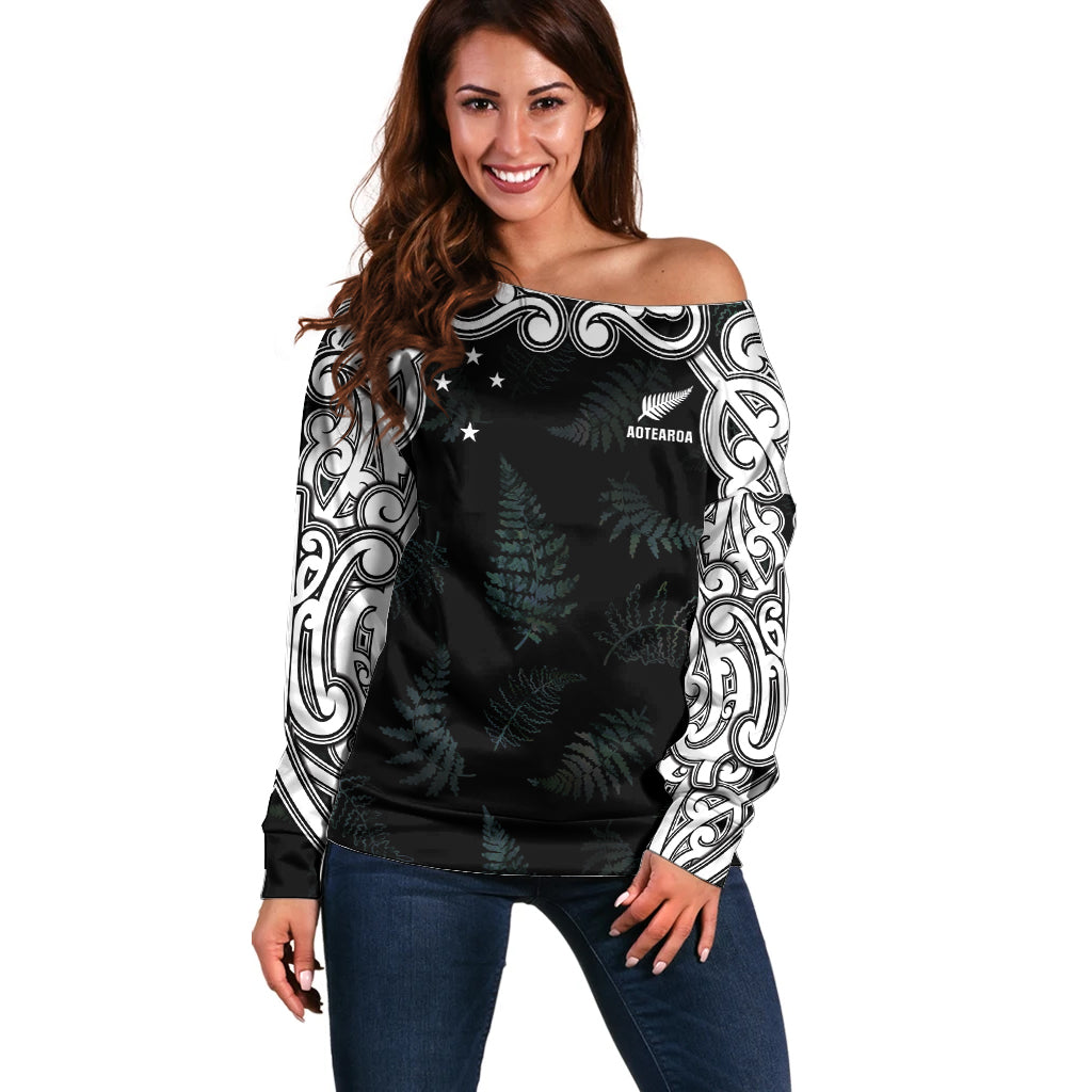 Custom New Zealand Fern Women Rugby Off Shoulder Sweater Maori Pattern