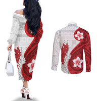 Samoa Teuila 2024 Couples Matching Off The Shoulder Long Sleeve Dress and Long Sleeve Button Shirt Samoan Siapo Pattern Red Version