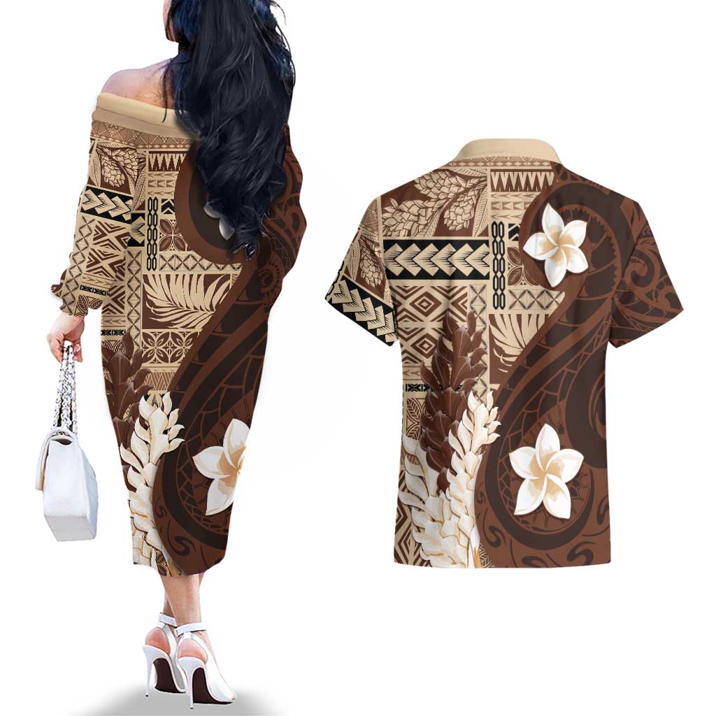Samoa Teuila 2024 Couples Matching Off The Shoulder Long Sleeve Dress and Hawaiian Shirt Samoan Siapo Pattern Brown Version