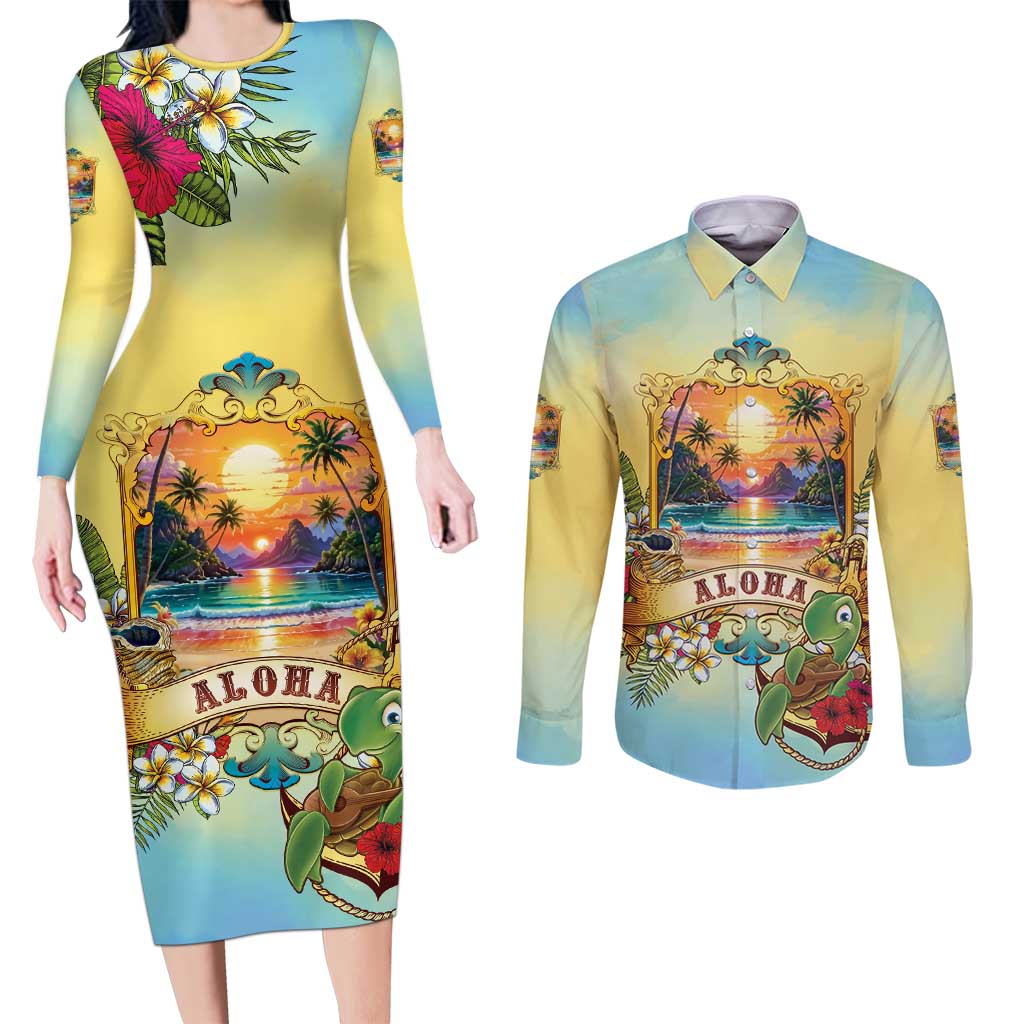 Aloha Hawaii Turtle Couples Matching Long Sleeve Bodycon Dress and Long Sleeve Button Shirt Retro Style - Polynesian Pride