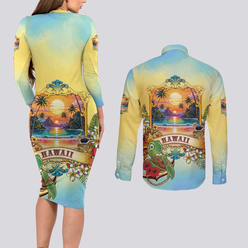 Aloha Hawaii Turtle Couples Matching Long Sleeve Bodycon Dress and Long Sleeve Button Shirt Retro Style - Polynesian Pride