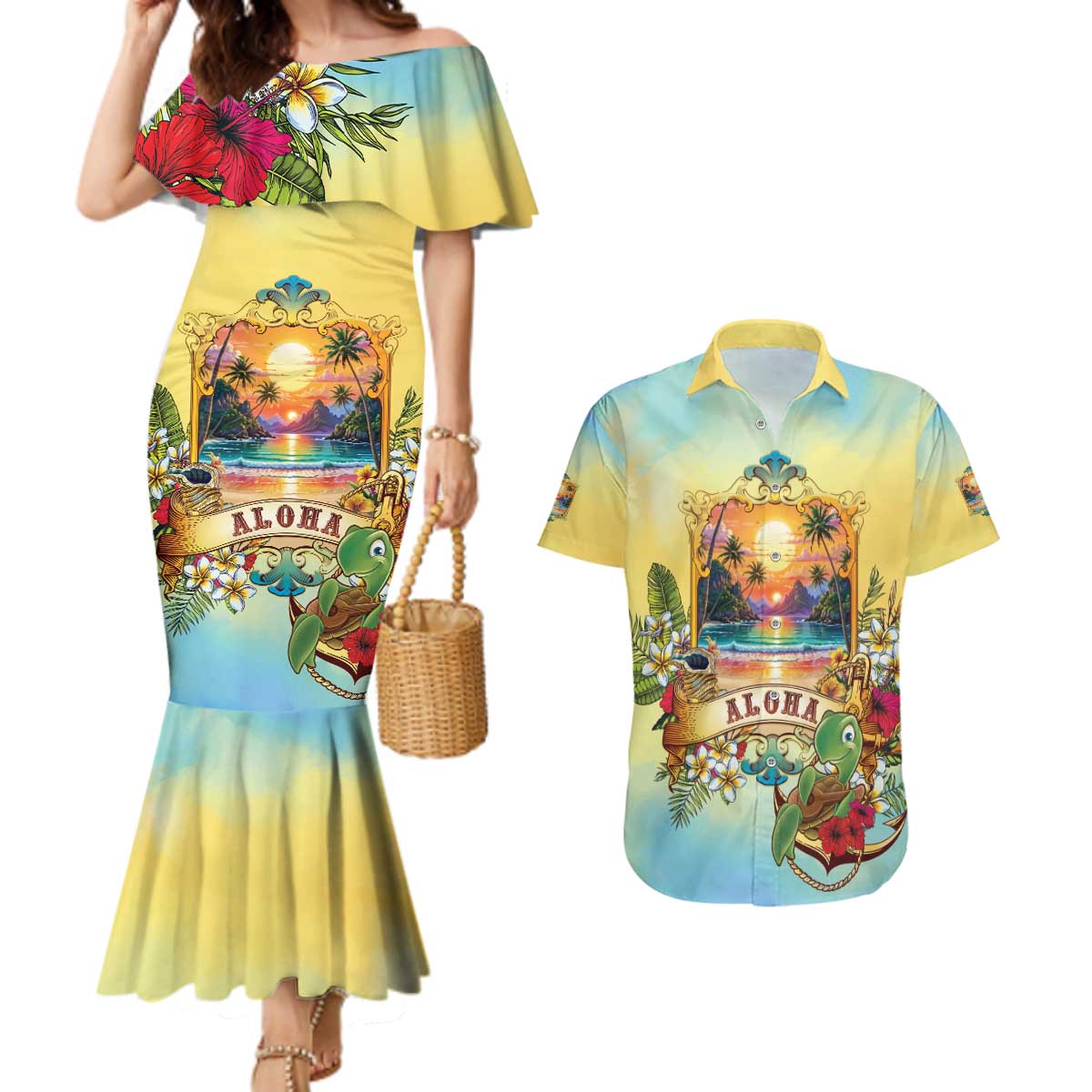 Aloha Hawaii Turtle Couples Matching Mermaid Dress and Hawaiian Shirt Retro Style - Polynesian Pride