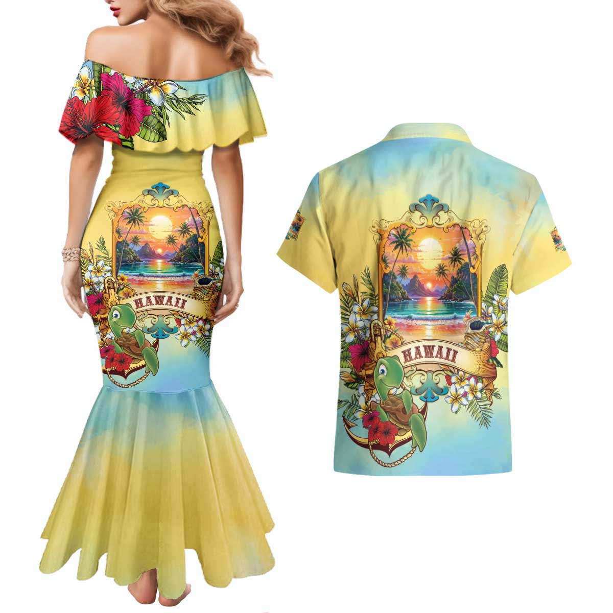 Aloha Hawaii Turtle Couples Matching Mermaid Dress and Hawaiian Shirt Retro Style - Polynesian Pride