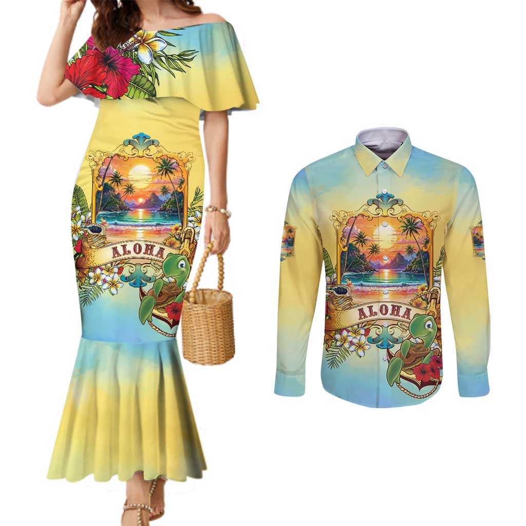 Aloha Hawaii Turtle Couples Matching Mermaid Dress and Long Sleeve Button Shirt Retro Style - Polynesian Pride