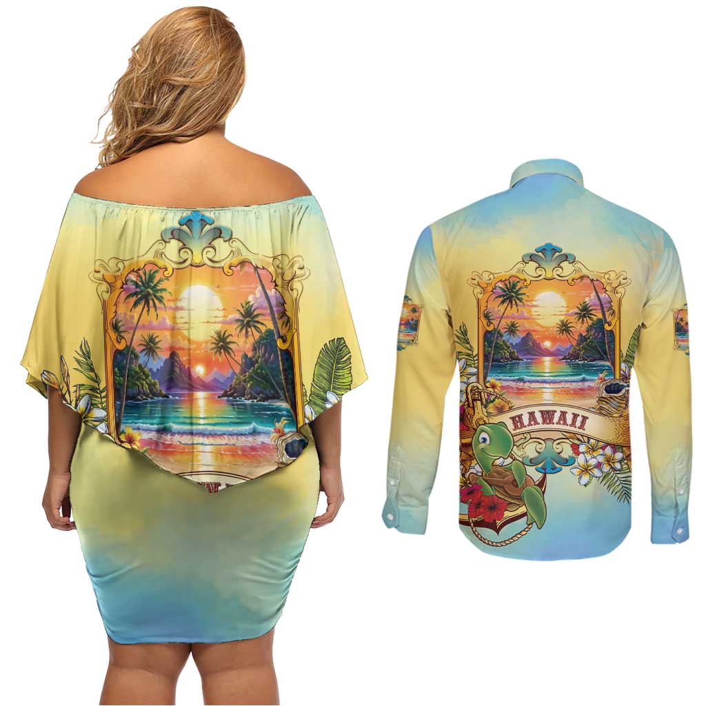 Aloha Hawaii Turtle Couples Matching Off Shoulder Short Dress and Long Sleeve Button Shirt Retro Style - Polynesian Pride