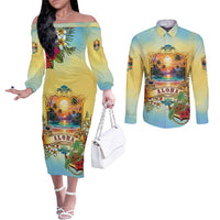 Aloha Hawaii Turtle Couples Matching Off The Shoulder Long Sleeve Dress and Long Sleeve Button Shirt Retro Style - Polynesian Pride