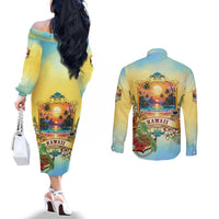 Aloha Hawaii Turtle Couples Matching Off The Shoulder Long Sleeve Dress and Long Sleeve Button Shirt Retro Style - Polynesian Pride