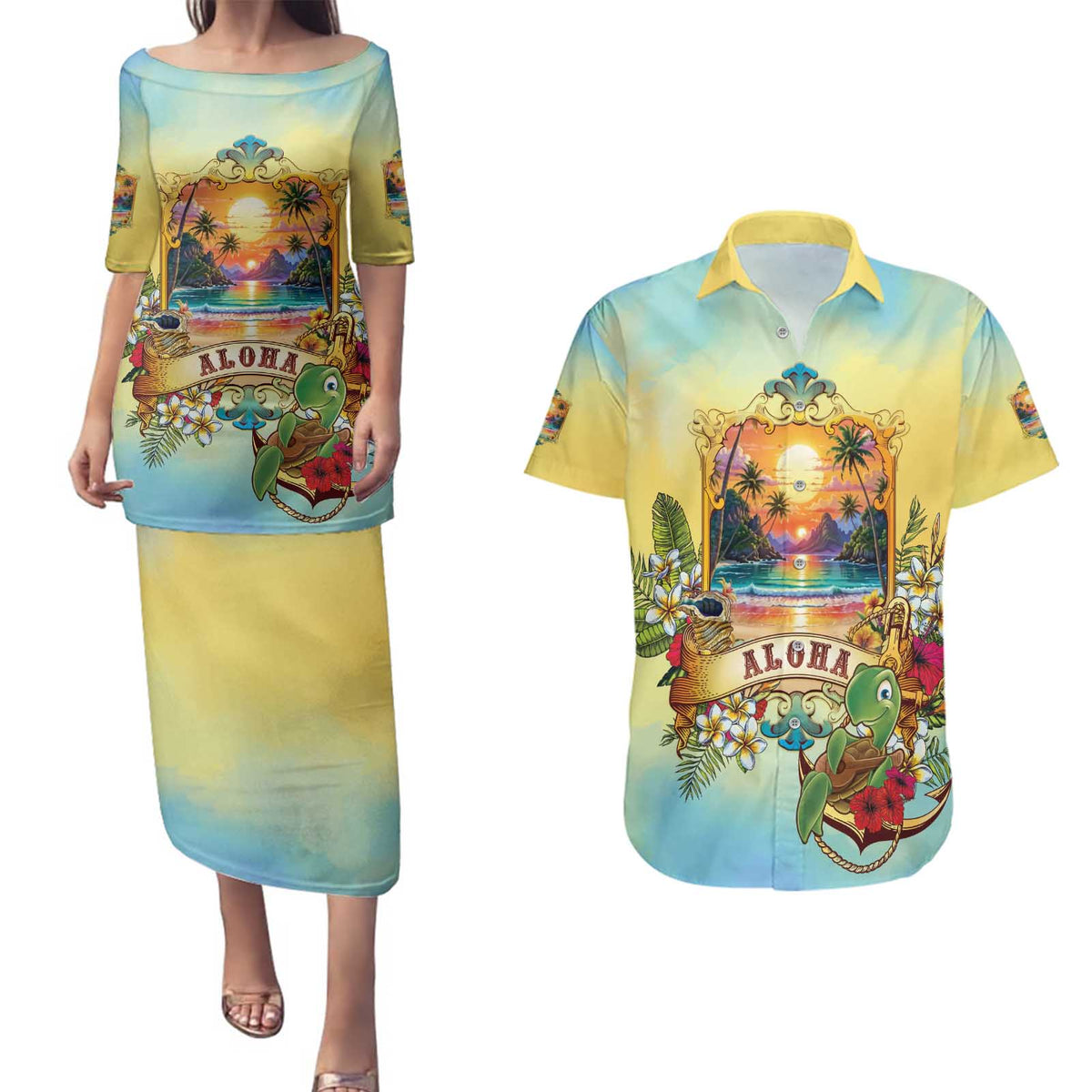 Aloha Hawaii Turtle Couples Matching Puletasi and Hawaiian Shirt Retro Style - Polynesian Pride