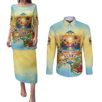 Aloha Hawaii Turtle Couples Matching Puletasi and Long Sleeve Button Shirt Retro Style - Polynesian Pride