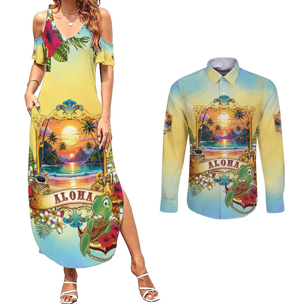Aloha Hawaii Turtle Couples Matching Summer Maxi Dress and Long Sleeve Button Shirt Retro Style - Polynesian Pride