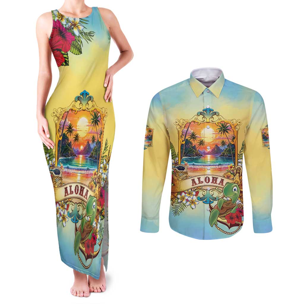Aloha Hawaii Turtle Couples Matching Tank Maxi Dress and Long Sleeve Button Shirt Retro Style - Polynesian Pride