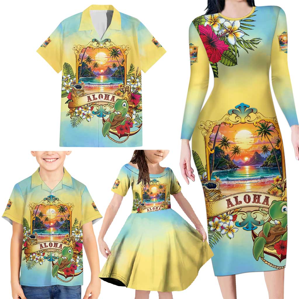 Aloha Hawaii Turtle Family Matching Long Sleeve Bodycon Dress and Hawaiian Shirt Retro Style - Polynesian Pride