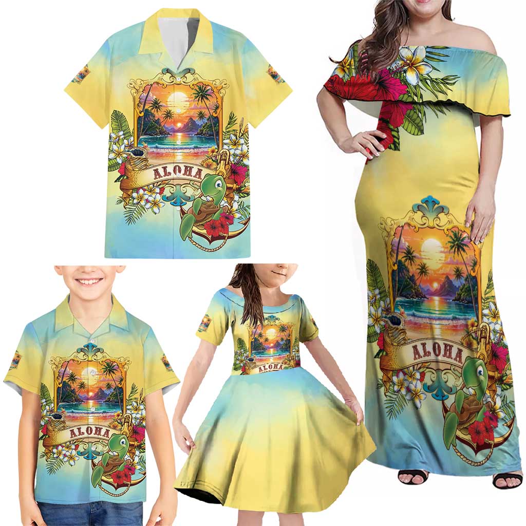 Aloha Hawaii Turtle Family Matching Off Shoulder Maxi Dress and Hawaiian Shirt Retro Style - Polynesian Pride