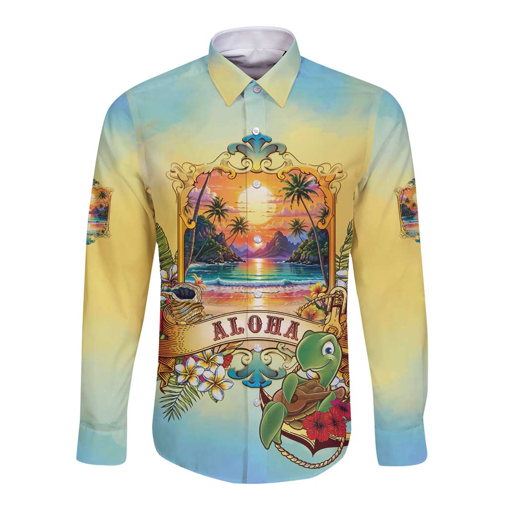 Aloha Hawaii Turtle Long Sleeve Button Shirt Retro Style - Polynesian Pride