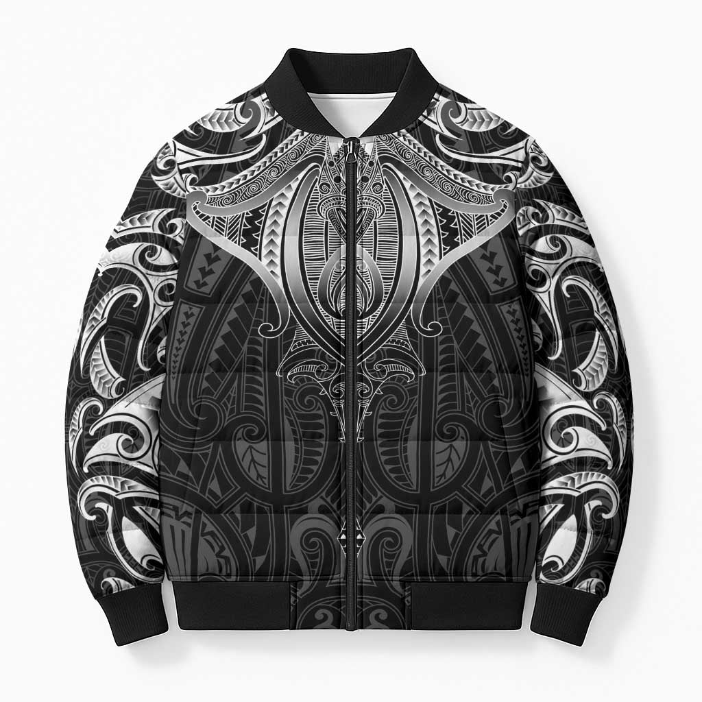 New Zealand Aotearoa Bomber Puffer Jacket Maori Manta Ray Moko Black LT05 Unisex Black - Polynesian Pride