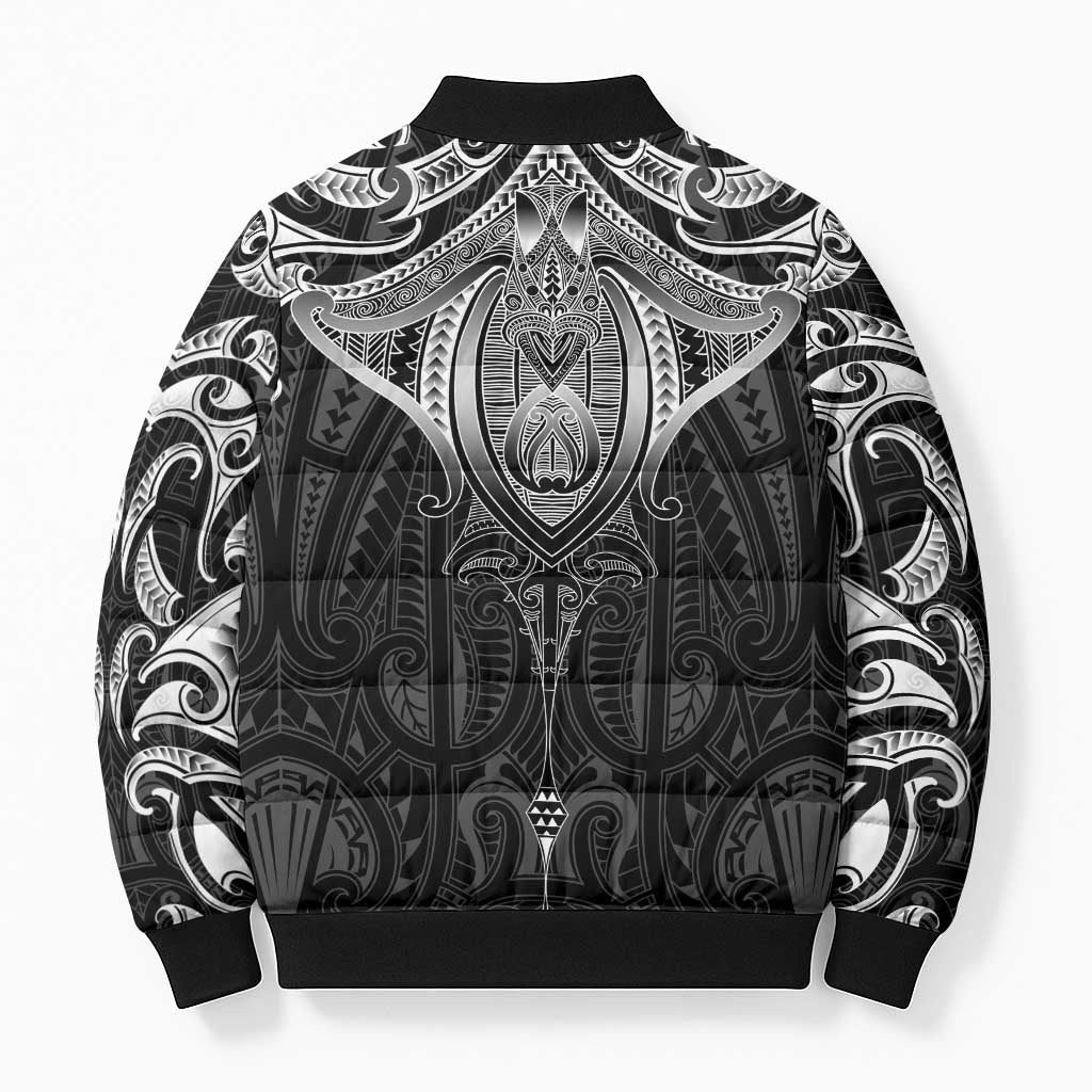New Zealand Aotearoa Bomber Puffer Jacket Maori Manta Ray Moko Black LT05 - Polynesian Pride