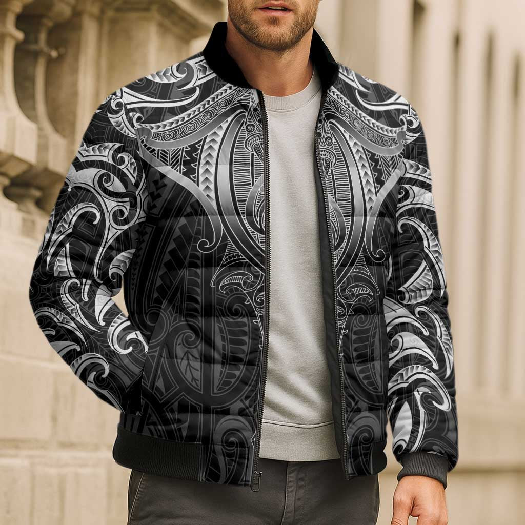 New Zealand Aotearoa Bomber Puffer Jacket Maori Manta Ray Moko Black LT05 - Polynesian Pride
