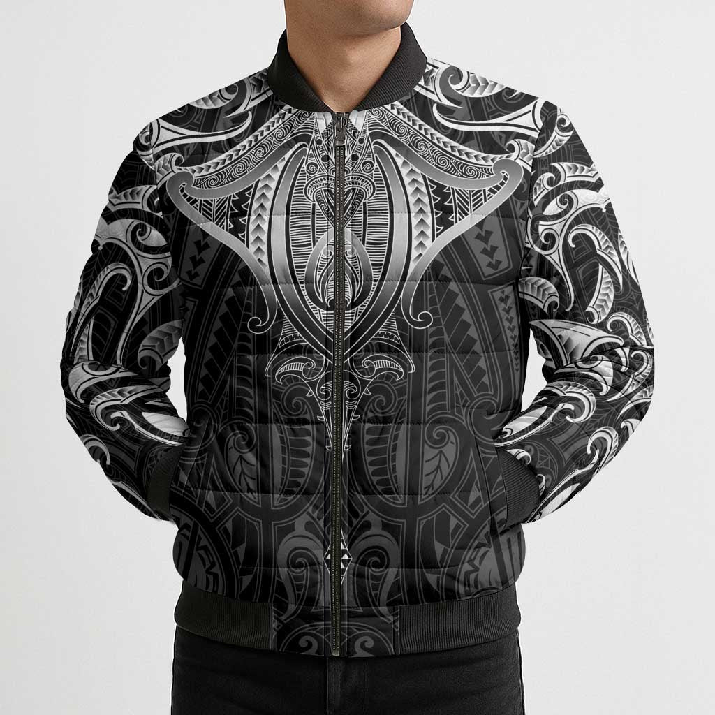 New Zealand Aotearoa Bomber Puffer Jacket Maori Manta Ray Moko Black LT05 - Polynesian Pride