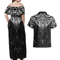 New Zealand Aotearoa Couples Matching Off Shoulder Maxi Dress and Hawaiian Shirt Maori Manta Ray Moko Black - Polynesian Pride