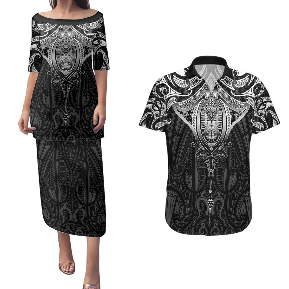 New Zealand Aotearoa Couples Matching Puletasi and Hawaiian Shirt Maori Manta Ray Moko Black - Polynesian Pride