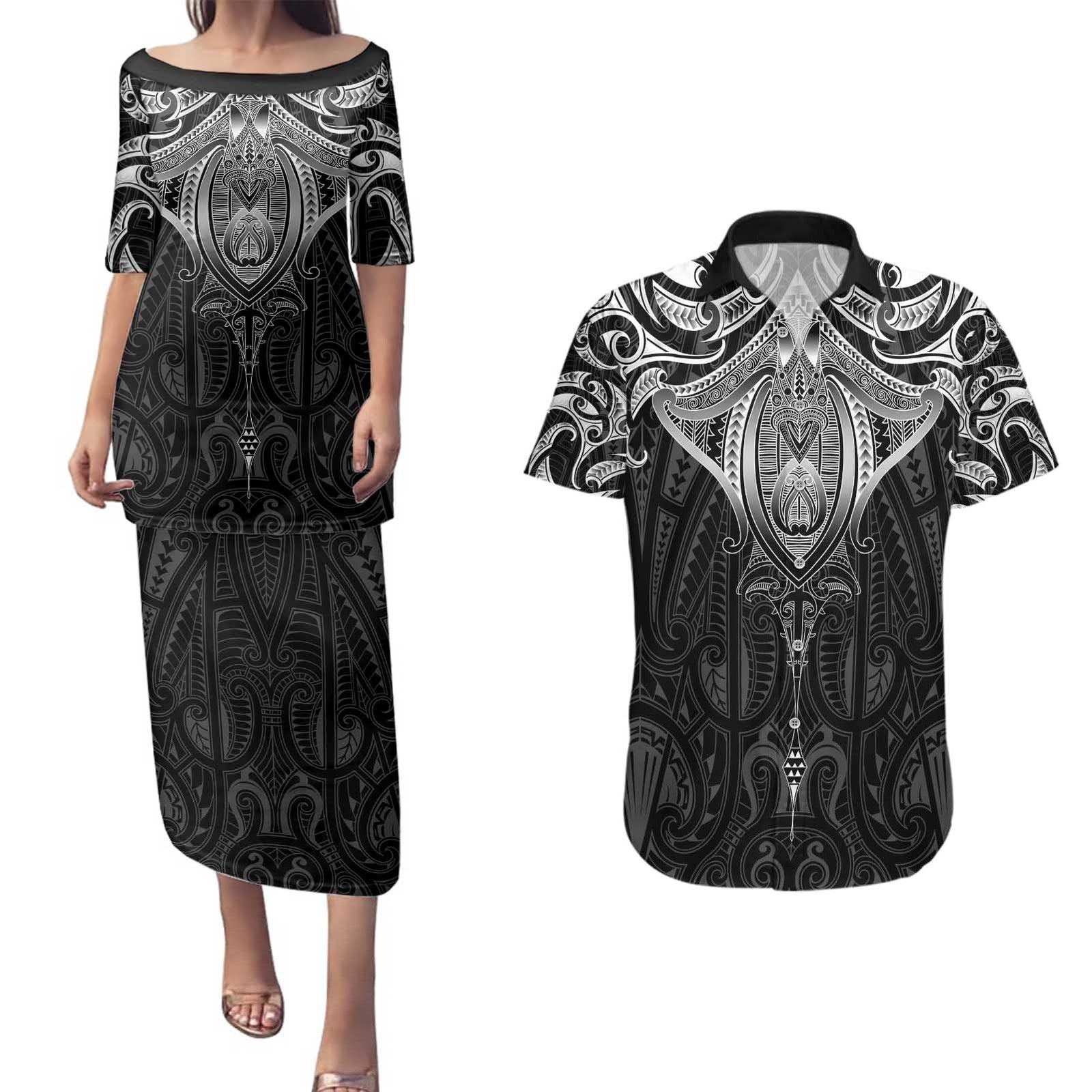 New Zealand Aotearoa Couples Matching Puletasi and Hawaiian Shirt Maori Manta Ray Moko Black - Polynesian Pride