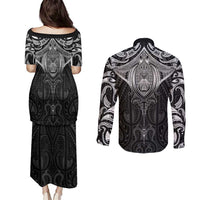 New Zealand Aotearoa Couples Matching Puletasi and Long Sleeve Button Shirt Maori Manta Ray Moko Black LT05 - Polynesian Pride