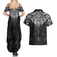 New Zealand Aotearoa Couples Matching Summer Maxi Dress and Hawaiian Shirt Maori Manta Ray Moko Black - Polynesian Pride