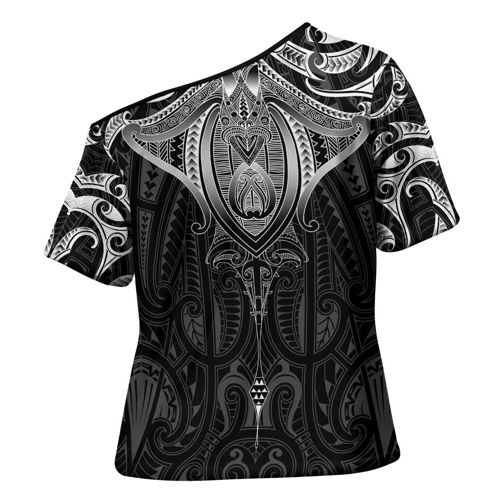 New Zealand Aotearoa Cross Shoulder Shirt Maori Manta Ray Moko Black LT05 - Polynesian Pride