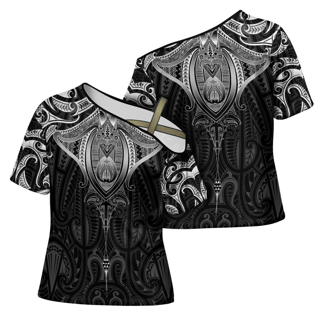 New Zealand Aotearoa Cross Shoulder Shirt Maori Manta Ray Moko Black LT05 - Polynesian Pride