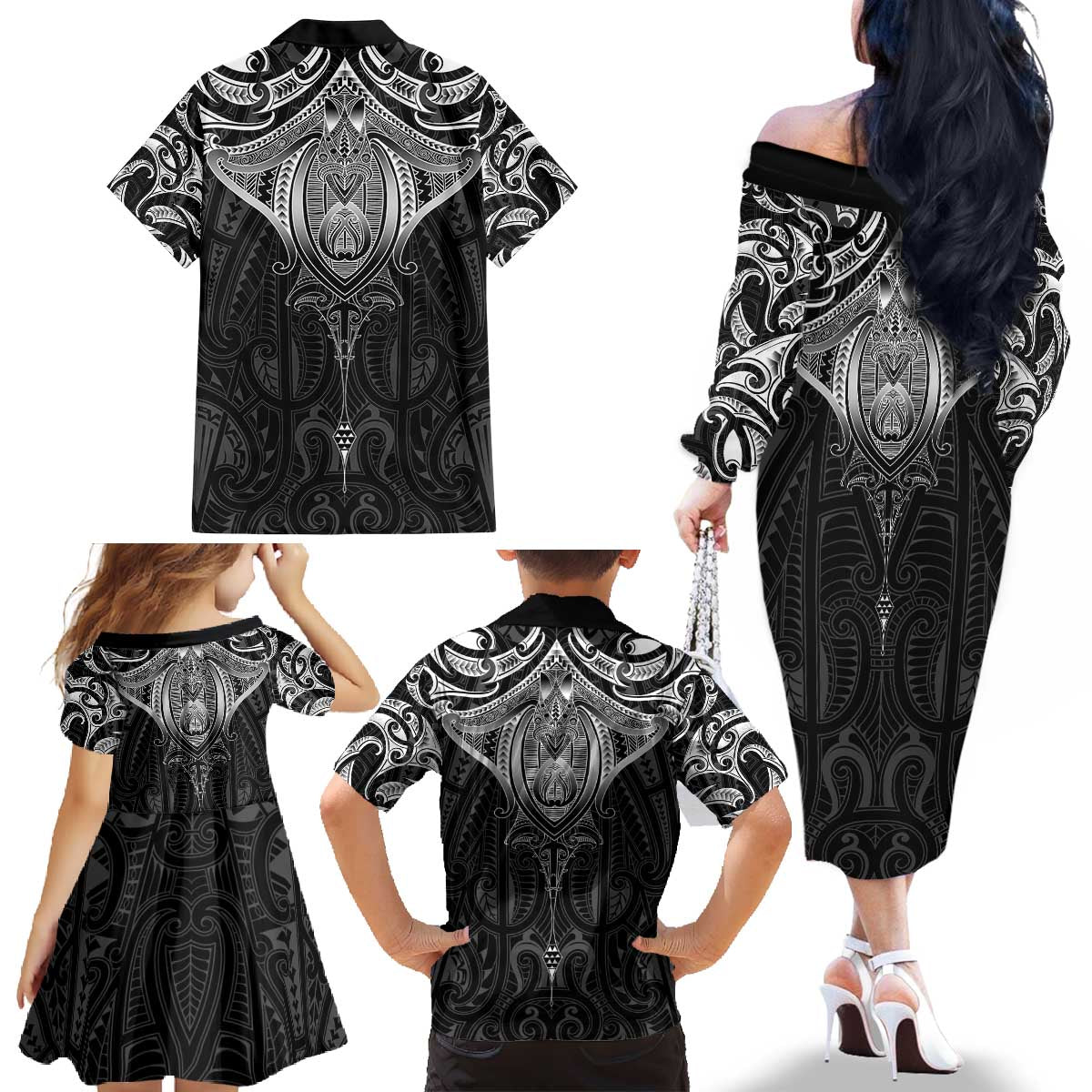 New Zealand Aotearoa Family Matching Off The Shoulder Long Sleeve Dress and Hawaiian Shirt Maori Manta Ray Moko Black - Polynesian Pride
