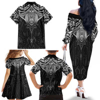 New Zealand Aotearoa Family Matching Off The Shoulder Long Sleeve Dress and Hawaiian Shirt Maori Manta Ray Moko Black - Polynesian Pride