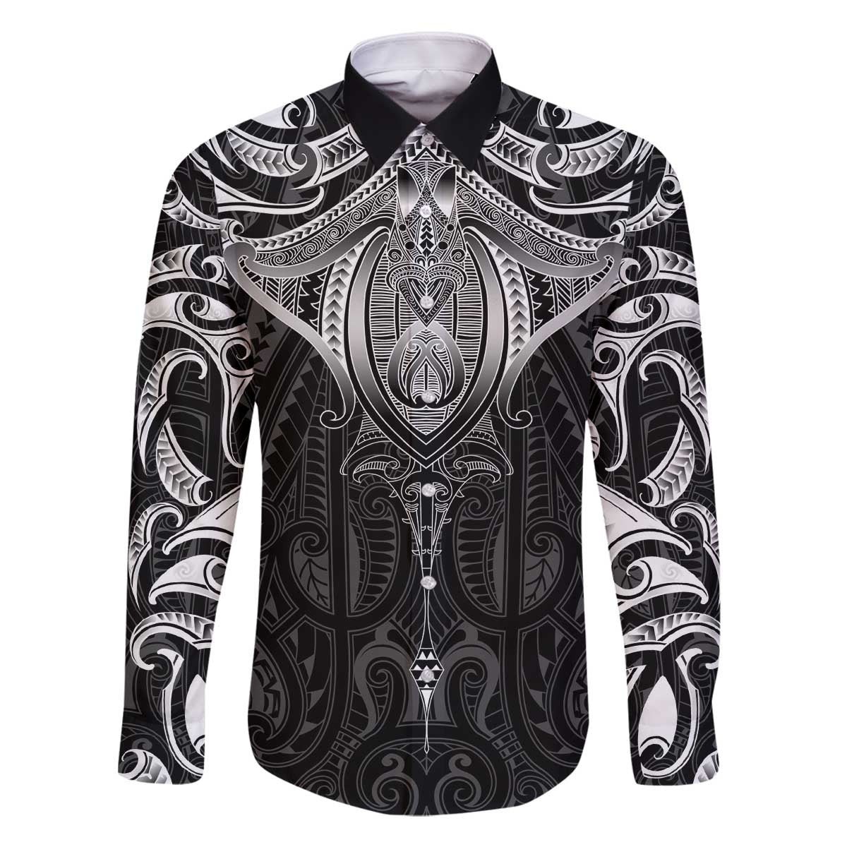 New Zealand Aotearoa Family Matching Off The Shoulder Long Sleeve Dress and Hawaiian Shirt Maori Manta Ray Moko Black - Polynesian Pride