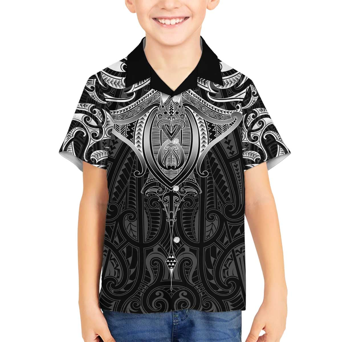 New Zealand Aotearoa Family Matching Off The Shoulder Long Sleeve Dress and Hawaiian Shirt Maori Manta Ray Moko Black - Polynesian Pride