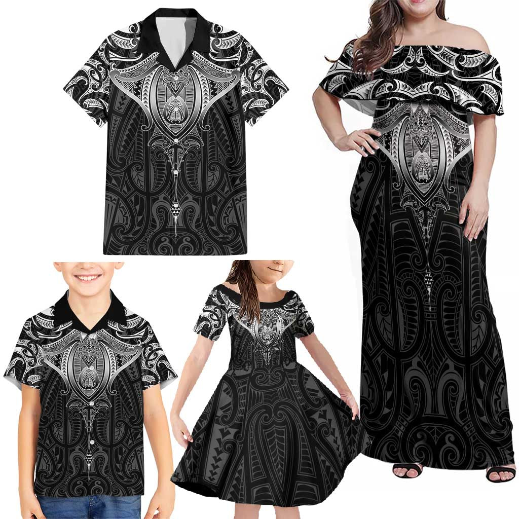 New Zealand Aotearoa Family Matching Off Shoulder Maxi Dress and Hawaiian Shirt Maori Manta Ray Moko Black - Polynesian Pride