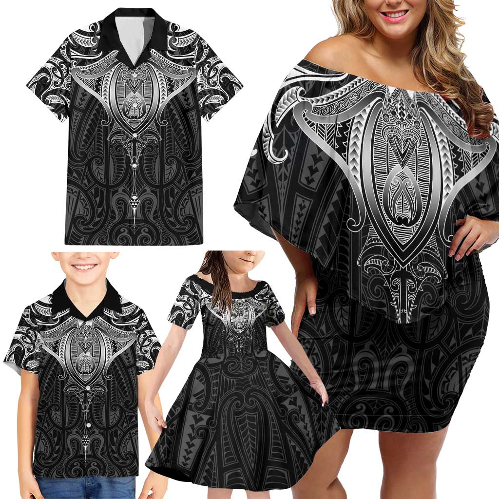 New Zealand Aotearoa Family Matching Off Shoulder Short Dress and Hawaiian Shirt Maori Manta Ray Moko Black - Polynesian Pride