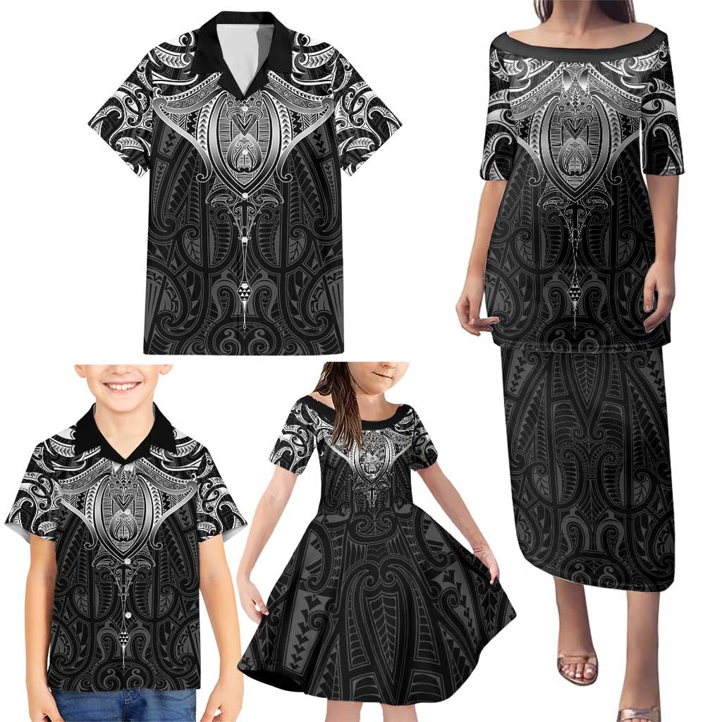 New Zealand Aotearoa Family Matching Puletasi and Hawaiian Shirt Maori Manta Ray Moko Black LT05 - Polynesian Pride
