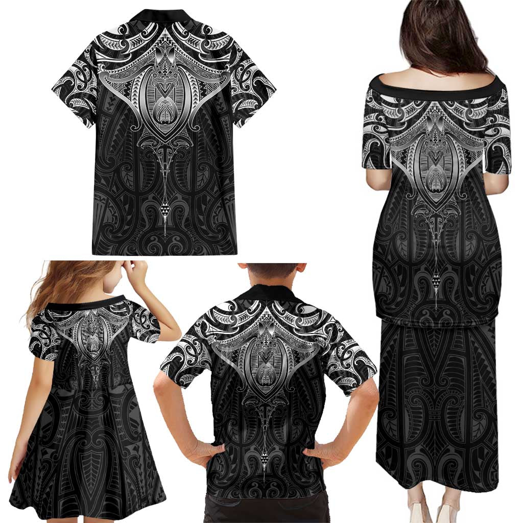 New Zealand Aotearoa Family Matching Puletasi and Hawaiian Shirt Maori Manta Ray Moko Black LT05 - Polynesian Pride