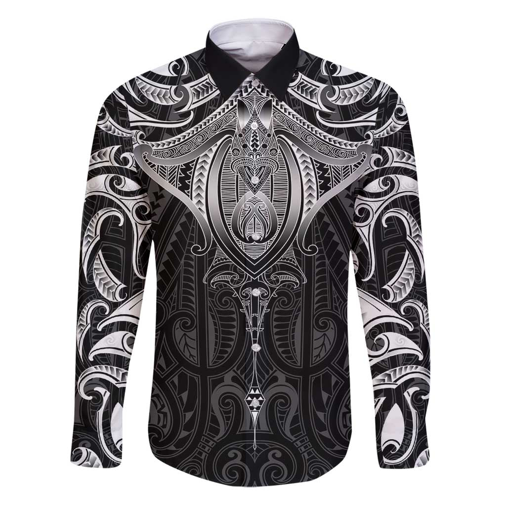 New Zealand Aotearoa Family Matching Puletasi and Hawaiian Shirt Maori Manta Ray Moko Black LT05 Dad's Shirt - Long Sleeve Black - Polynesian Pride