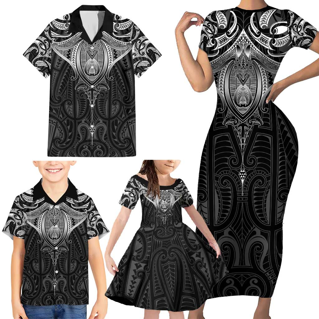 New Zealand Aotearoa Family Matching Short Sleeve Bodycon Dress and Hawaiian Shirt Maori Manta Ray Moko Black - Polynesian Pride