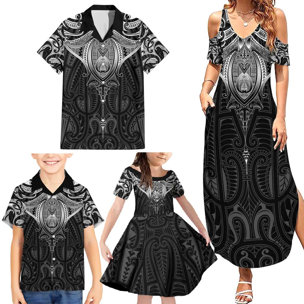 New Zealand Aotearoa Family Matching Summer Maxi Dress and Hawaiian Shirt Maori Manta Ray Moko Black - Polynesian Pride