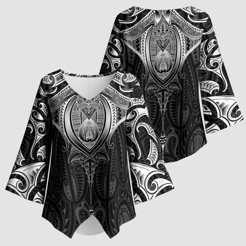 New Zealand Aotearoa Kimono Sleeve Blouse Maori Manta Ray Moko Black - Polynesian Pride