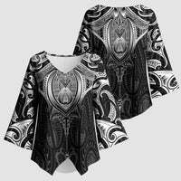 New Zealand Aotearoa Kimono Sleeve Blouse Maori Manta Ray Moko Black - Polynesian Pride