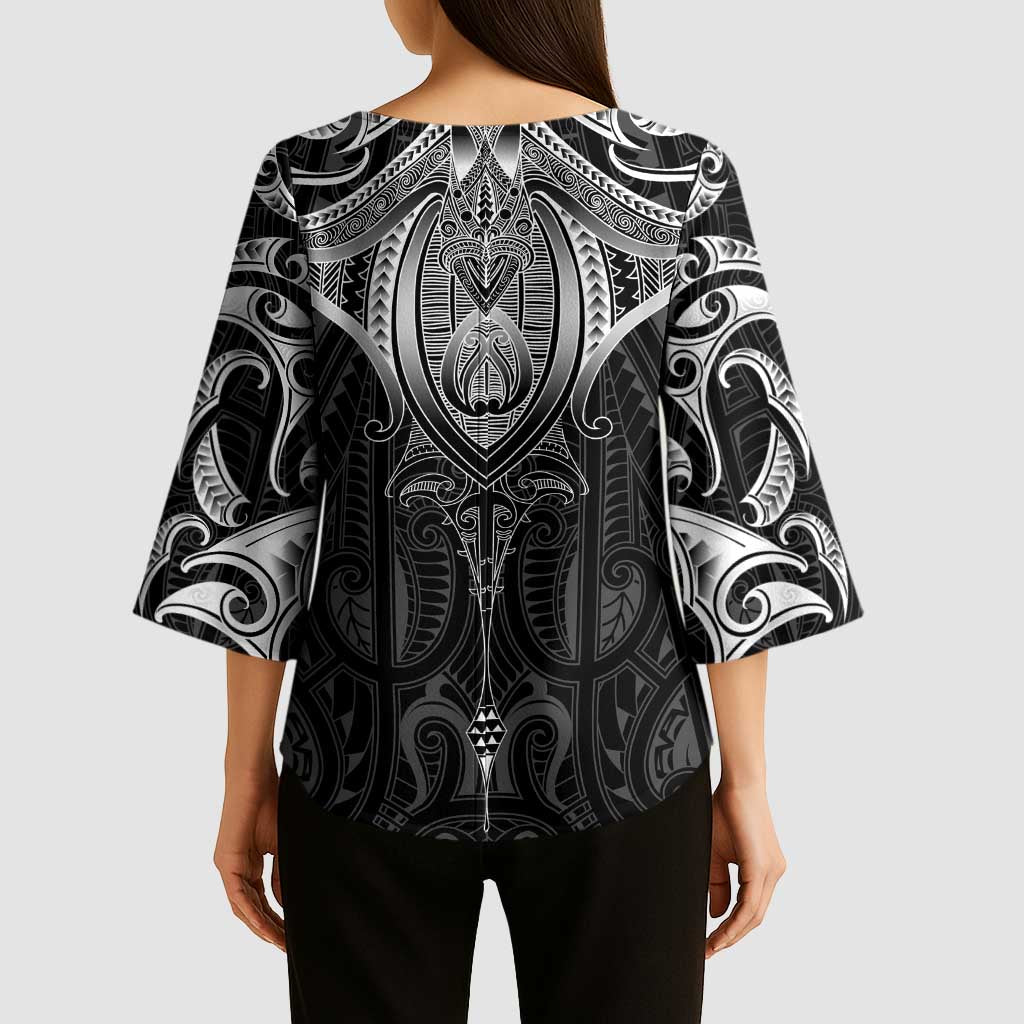 New Zealand Aotearoa Kimono Sleeve Blouse Maori Manta Ray Moko Black - Polynesian Pride