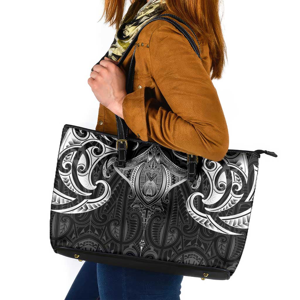 New Zealand Aotearoa Leather Tote Bag Maori Manta Ray Moko Black - Polynesian Pride