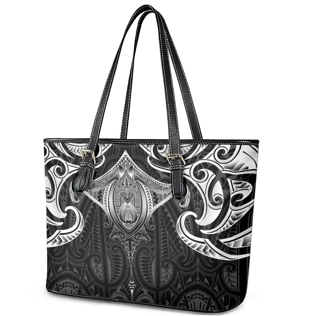 New Zealand Aotearoa Leather Tote Bag Maori Manta Ray Moko Black - Polynesian Pride