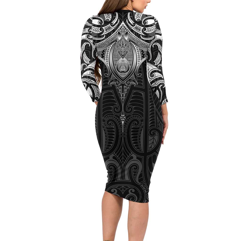 New Zealand Aotearoa Long Sleeve Bodycon Dress Maori Manta Ray Moko Black - Polynesian Pride