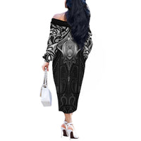 New Zealand Aotearoa Off The Shoulder Long Sleeve Dress Maori Manta Ray Moko Black - Polynesian Pride